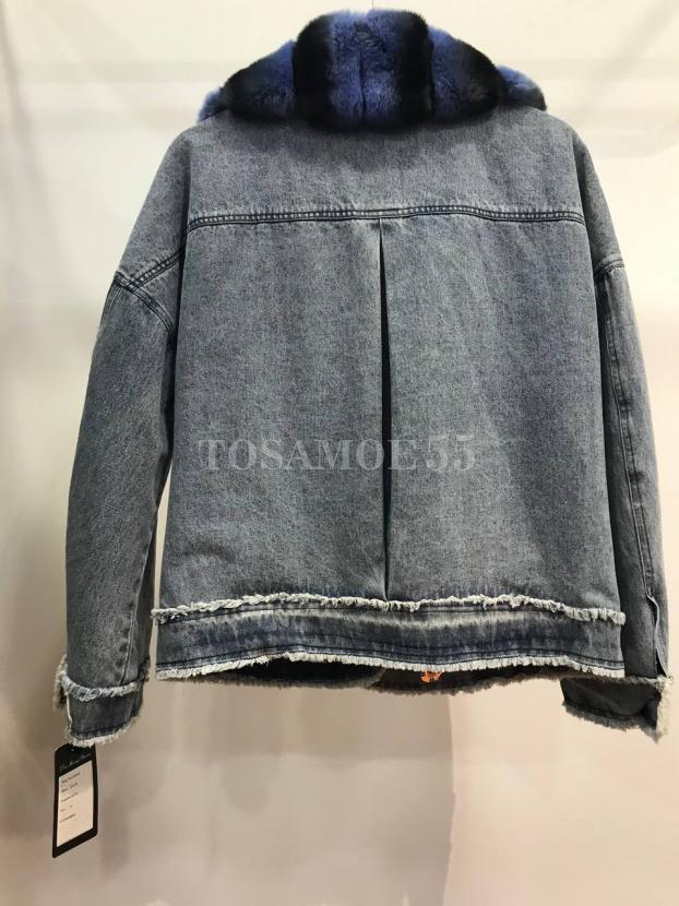 Короткая джинсовая парка с мехом кролика рекс фото №2