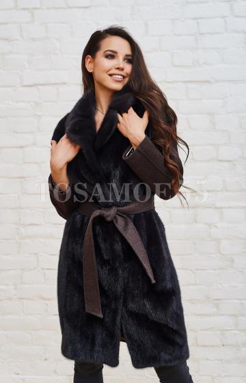 Шерстяное пальто из норки темно-коричневого цвета