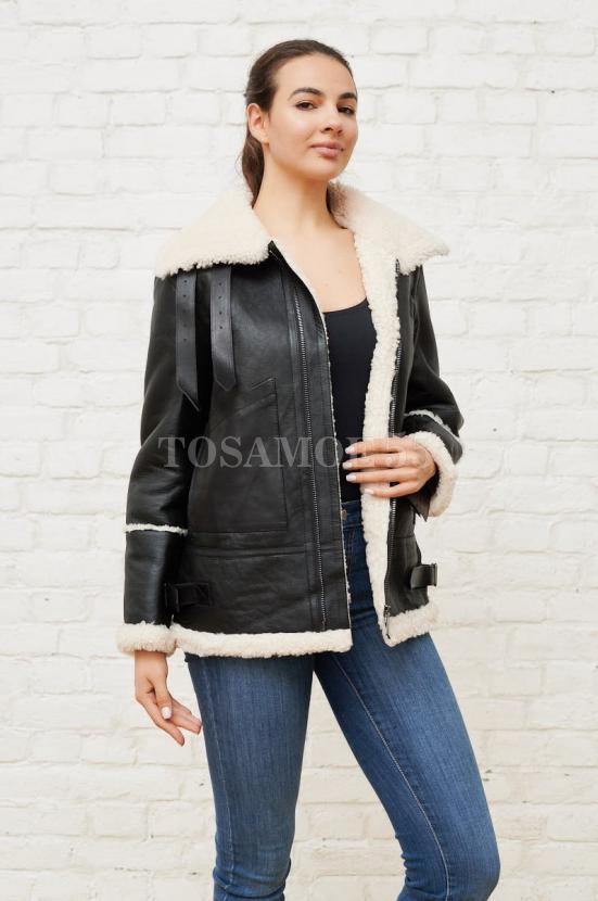 Дубленка авиатор чёрного цвета фото №3